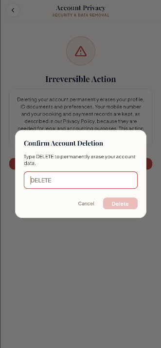 Confirm Account Deletion dialog asking the user to type DELETE