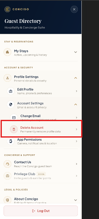 Account Settings expanded, with Delete Account highlighted in red