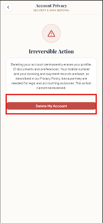 Account Privacy screen showing the Irreversible Action notice and the Delete My Account button