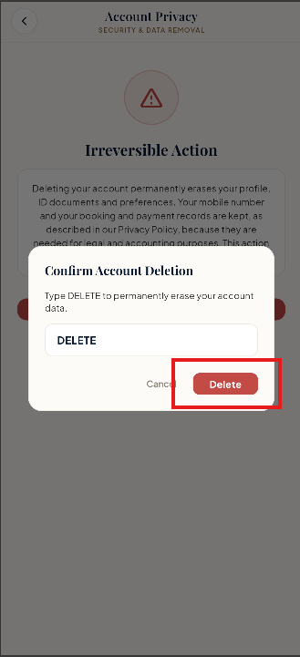 Confirm Account Deletion dialog with DELETE typed and the Delete button highlighted